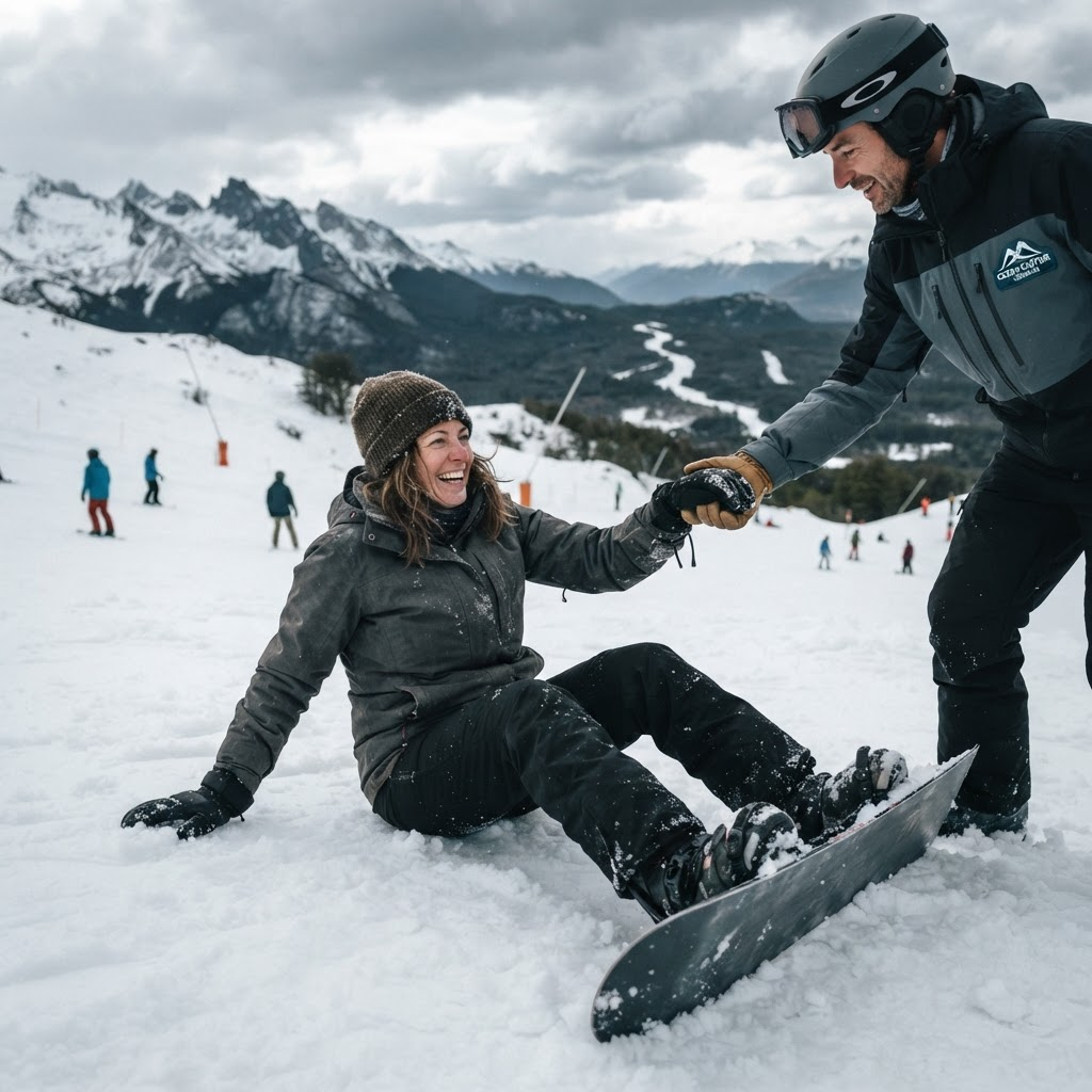 Persona adulta aprendiendo snowboard, cayéndose y volviendo a levantarse en la nieve