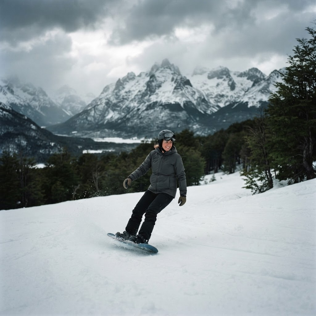Persona adulta haciendo snowboard en un paisaje nevado de Ushuaia
