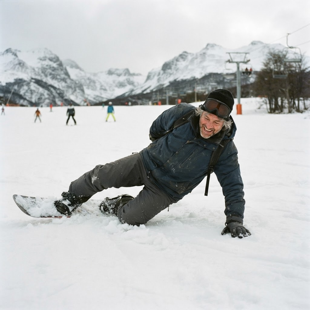 Persona adulta aprendiendo snowboard por primera vez, cayéndose y riéndose en la nieve