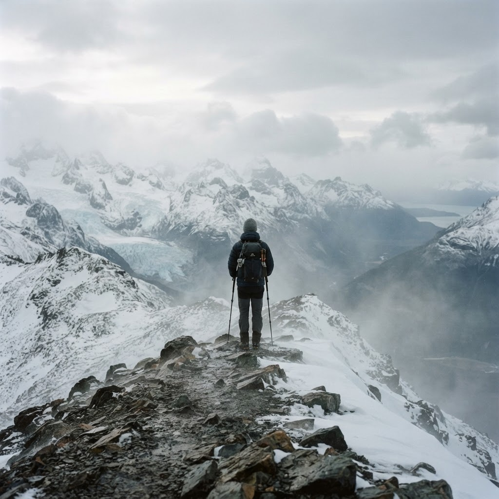 Persona adulta contemplando las montañas nevadas de Ushuaia